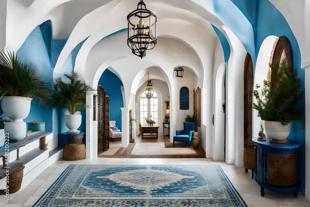 A Mediterranean-inspired coastal foyer with arched doorways, white-washed walls, and touches of blue in the decor reminiscent of the sea