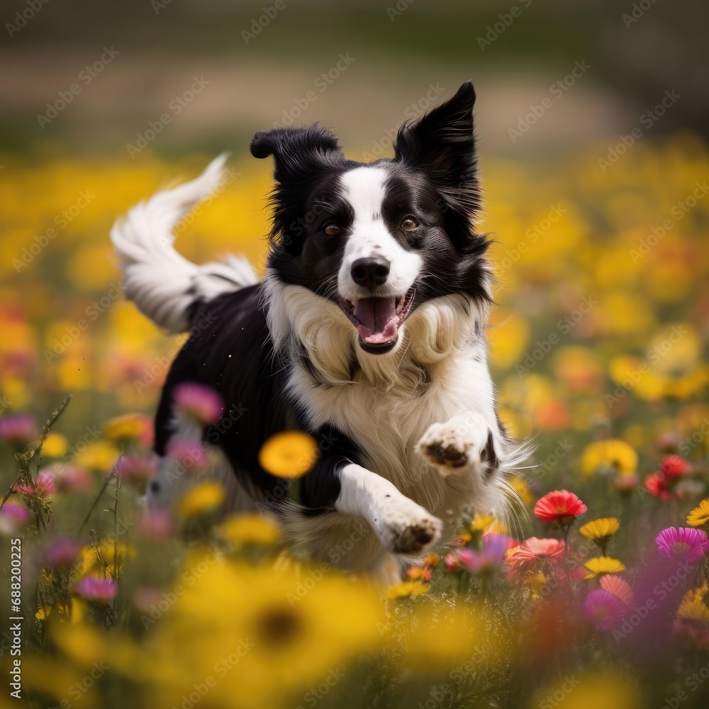 Border Collie's Frisbee Fetch in a Wildflower Field Through a Telephoto Lens
