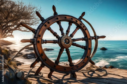 The entry of a seaside retreat featuring a weathered ship wheel, nautical rope accents, and a panoramic view of the ocean