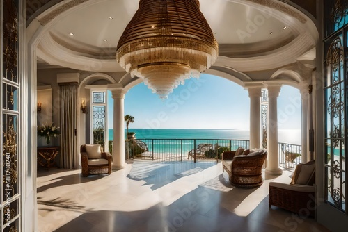 The grand entrance of a coastal mansion  adorned with a cascading chandelier  elegant wicker furniture  and panoramic views of the beach