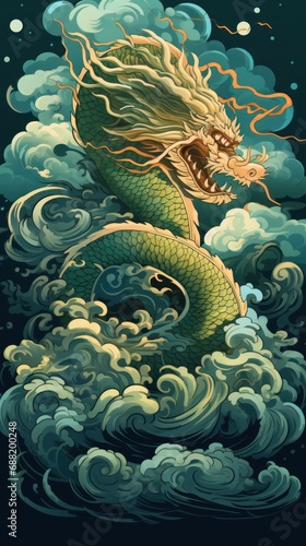 A regal green and gold Chinese dragon, surrounded by swirling clouds and set against a deep blue background