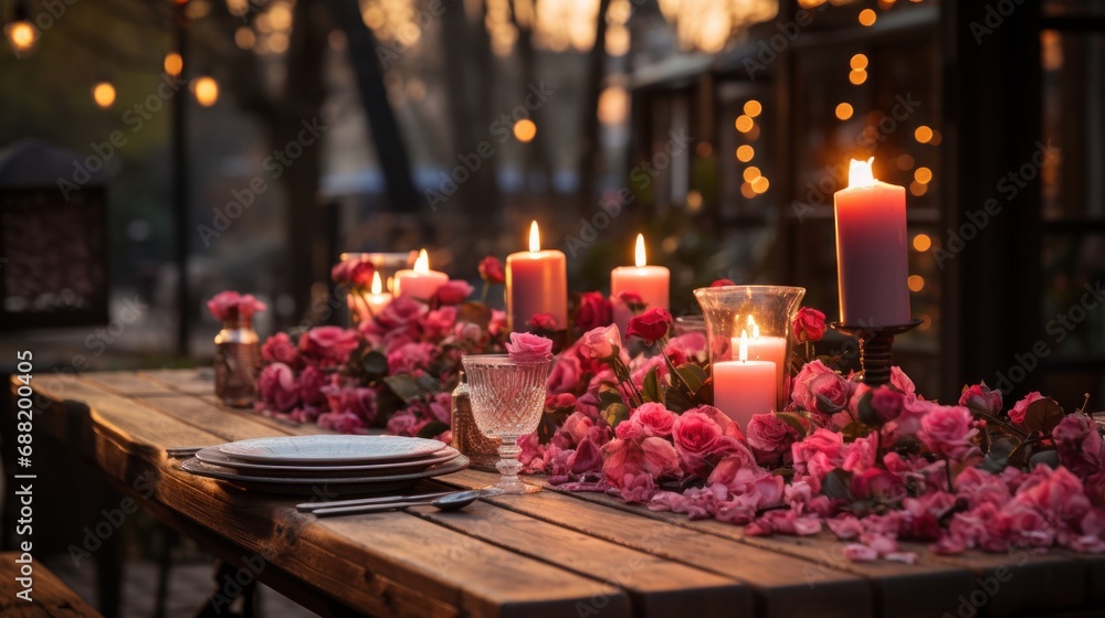 A rustic wooden table adorned with red and pink flowers,