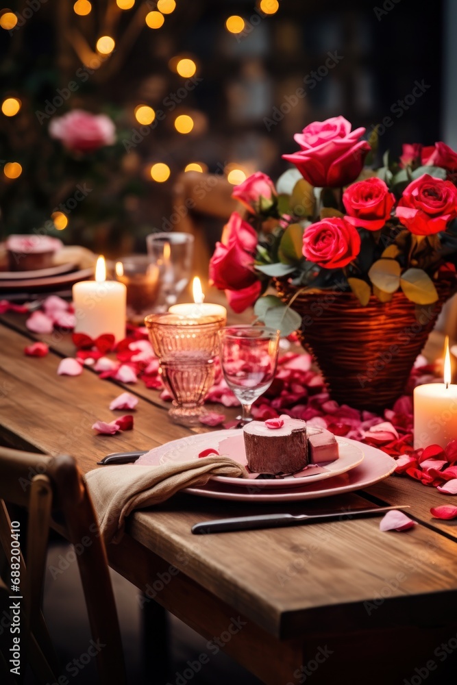 A rustic wooden table adorned with red and pink flowers,