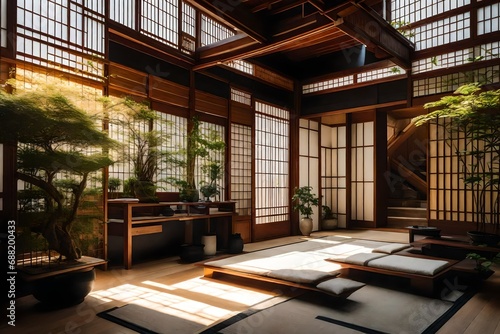 A serene entryway inspired by traditional Japanese architecture, showcasing shoji screens, tatami mats, and bonsai plants