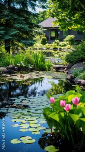A serene spring garden with a pond and lily pads,