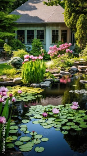 A serene spring garden with a pond and lily pads,