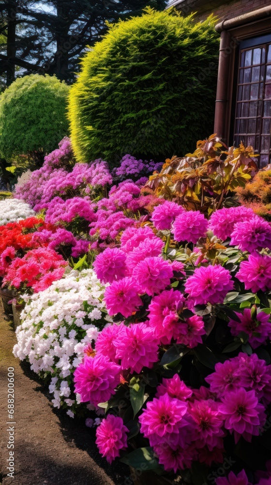 A stunning spring garden with vibrant pink and purple flowers in full bloom,