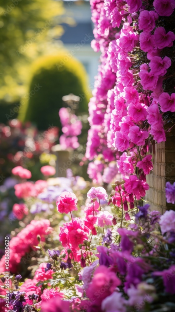 Obraz premium A stunning spring garden with vibrant pink and purple flowers in full bloom,