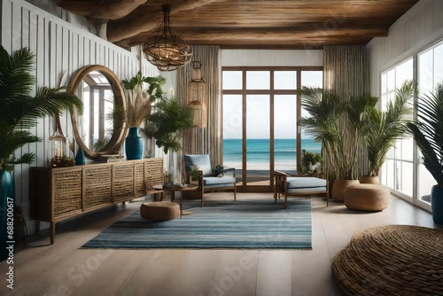 A coastal-themed eclectic foyer  combining nautical elements  natural textures  and a laid-back atmosphere