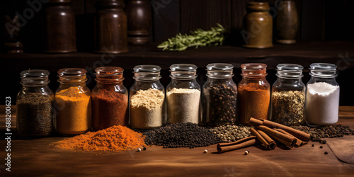 Various spices in beautiful glass jars
