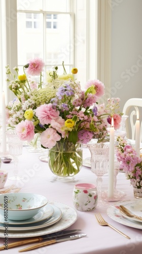 A table decorated with fresh flowers and pastel-colored tableware invites guests to a lively spring gathering.