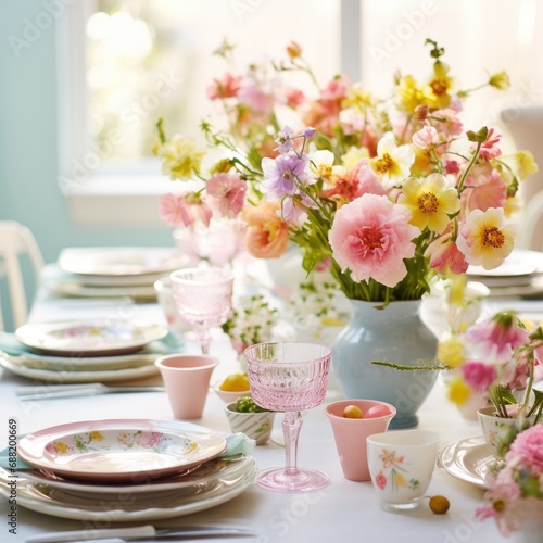 A table decorated with fresh flowers and pastel-colored tableware invites guests to a lively spring gathering.