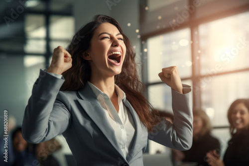 Excited young business woman celebrating success in victory with raised hands, happy euphoria proud woman professional winner feeling satisfied with corporate work standing in office.generative ai photo