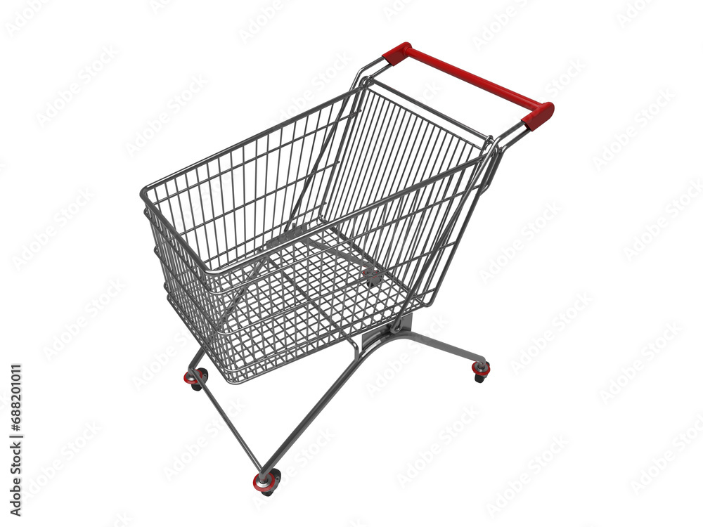 Supermarket metal shopping cart with a red handle isolated on white. The cart has four wheels with red accents. 3d rendering illustration