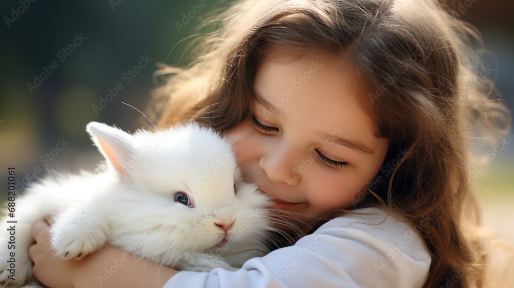 A young girl gently cradles a fluffy white bunny, both with peaceful expressions on their faces. A young girl gently cradles a fluffy white bunny, both with peaceful expressions on their faces.