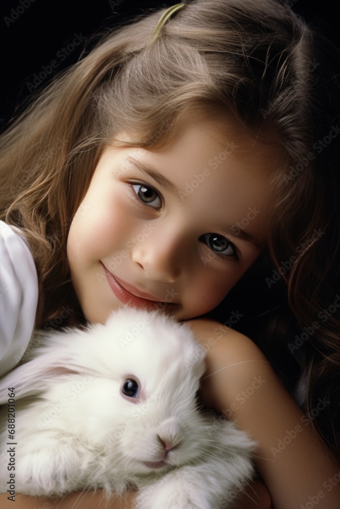 A young girl gently cradles a fluffy white bunny, both with peaceful expressions on their faces. A young girl gently cradles a fluffy white bunny, both with peaceful expressions on their faces.