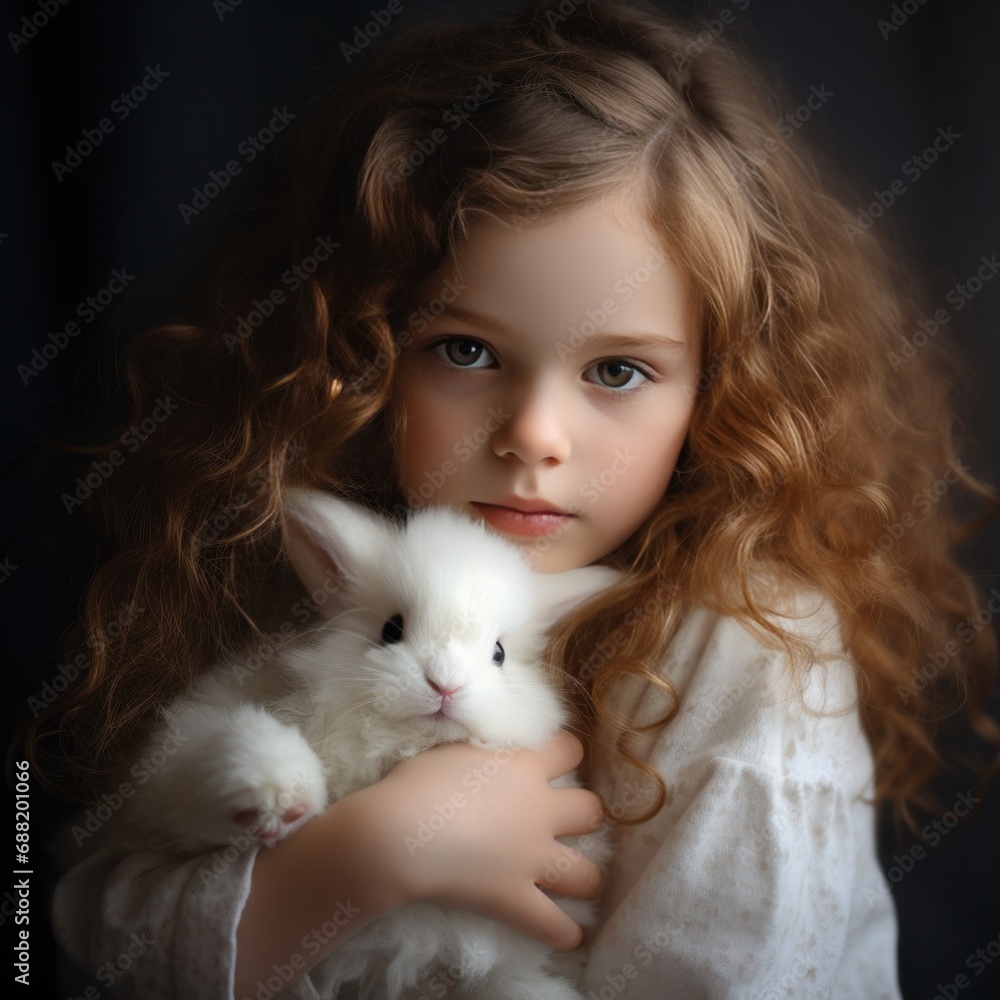 A young girl gently cradles a fluffy white bunny, both with peaceful expressions on their faces. A young girl gently cradles a fluffy white bunny, both with peaceful expressions on their faces.