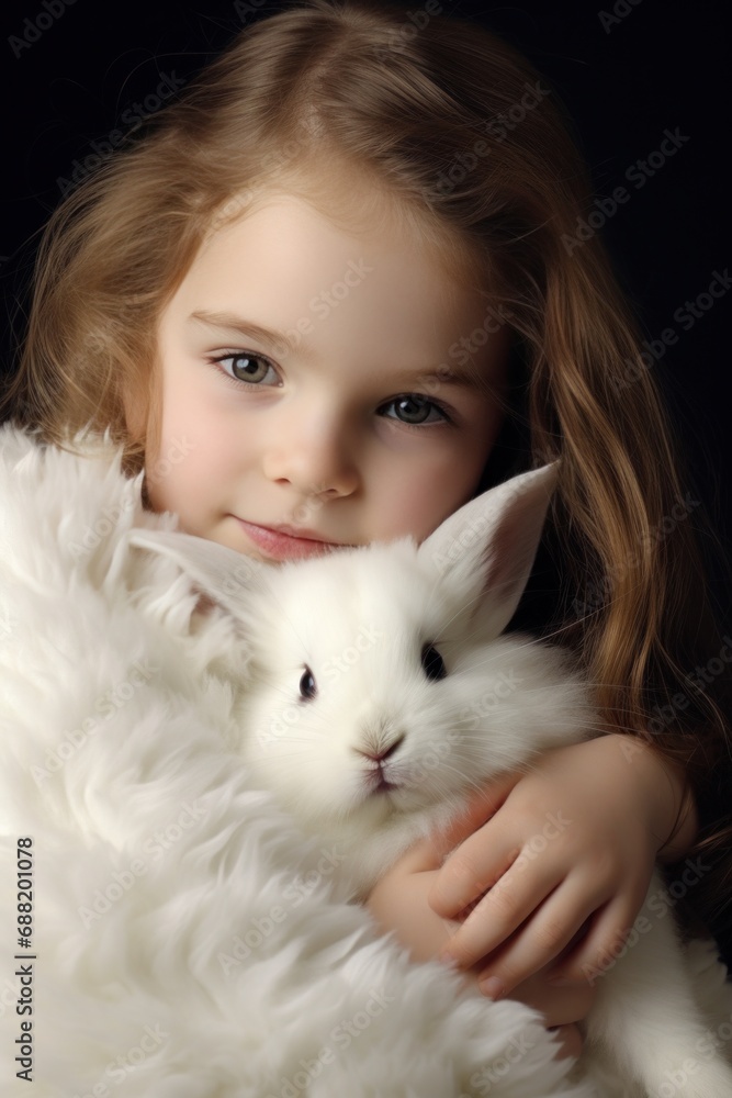 A young girl gently cradles a fluffy white bunny, both with peaceful expressions on their faces. A young girl gently cradles a fluffy white bunny, both with peaceful expressions on their faces.