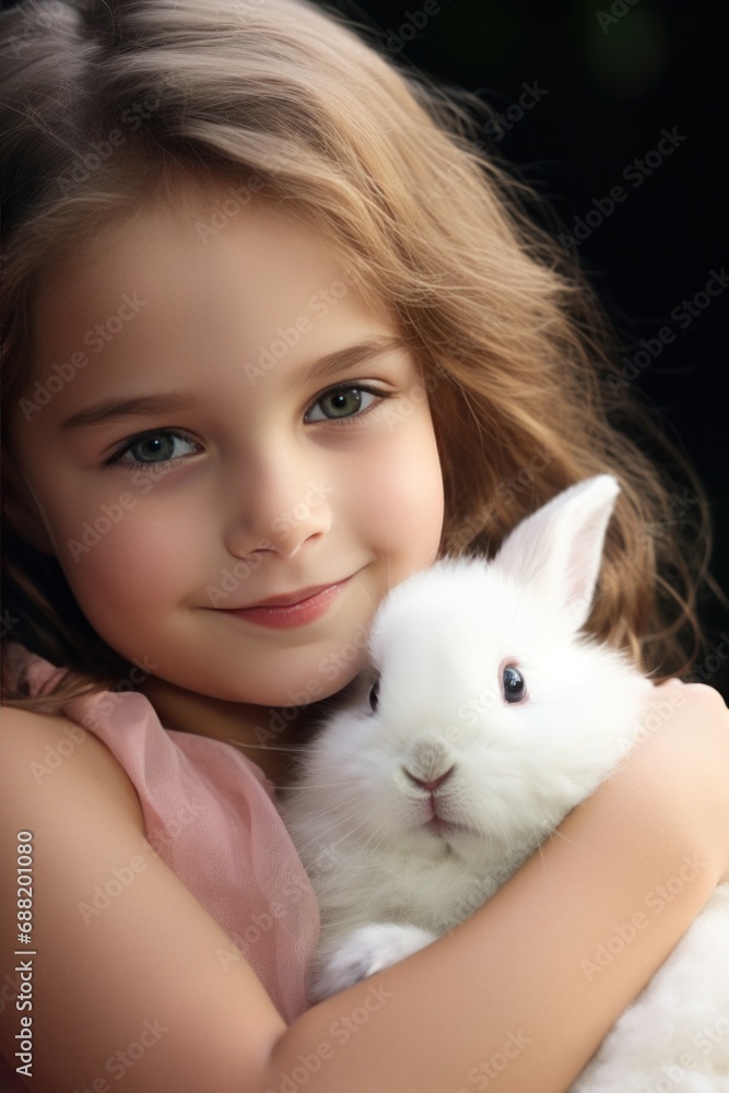 A young girl gently cradles a fluffy white bunny, both with peaceful expressions on their faces. A young girl gently cradles a fluffy white bunny, both with peaceful expressions on their faces.