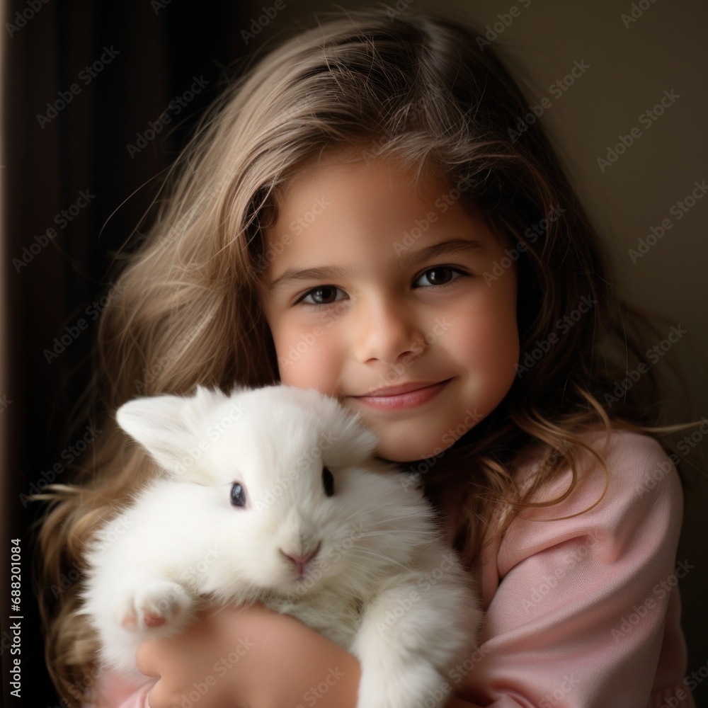 A young girl gently cradles a fluffy white bunny, both with peaceful expressions on their faces. A young girl gently cradles a fluffy white bunny, both with peaceful expressions on their faces.