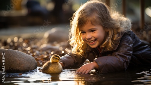 A young girl beams with pride as she carefully balances a small and wobbly du...