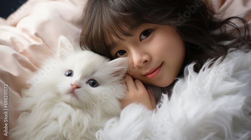 A young girl gently cradles a fluffy white bunny, both with peaceful expressions on their faces.