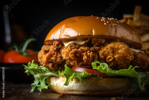 crispy chicken sandwich. A close up magazine quality image of a, juicy fried chicken sandwich photo
