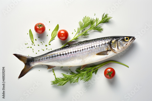 Fresh mackerel fish on a beautiful light background with tomatoes, parsley and peppercorns, top view with space for text.generative ai photo