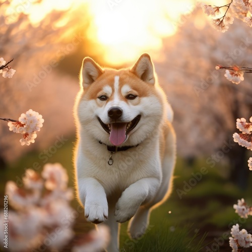 Majestic Akita Amid Cherry Blossoms at Sunset