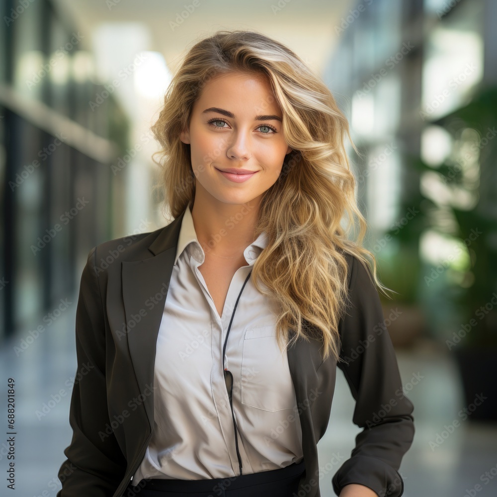 Confidence in the Corner Office: Businesswoman in Suit Poses with Elegance in Corporate Sanctuary Amidst Modern Work Environment Confidence in the Corner Office: Businesswoman in Suit Poses with Elegance in Corporate Sanctuary Amidst Modern Work Environment