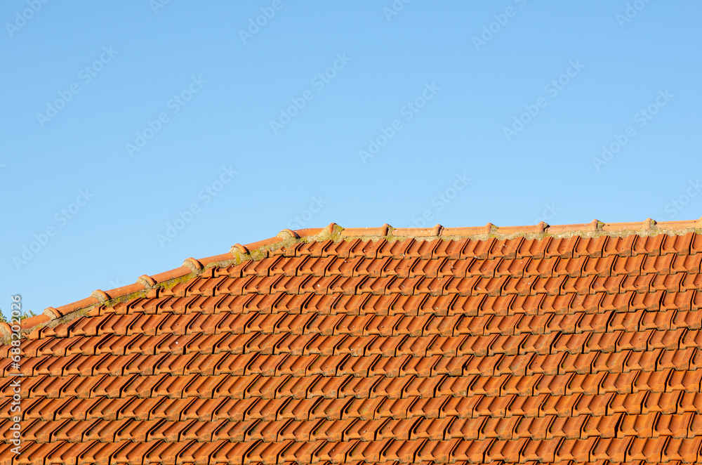 roof and construction detail, roof with double pitch and self-fitting flat tiles, Marseille model. roof and construction detail, roof with double pitch and self-fitting flat tiles, Marseille model.