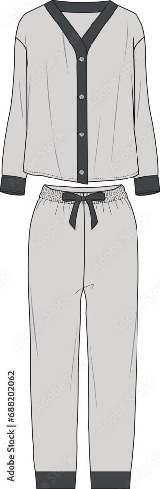 Technical sketch of woman pajama sleepwear in vector. Pajamas with top and shorts. flat sketch vector. Fashion illustration. Set of Sleepwear Pajamas shirt, pants technical