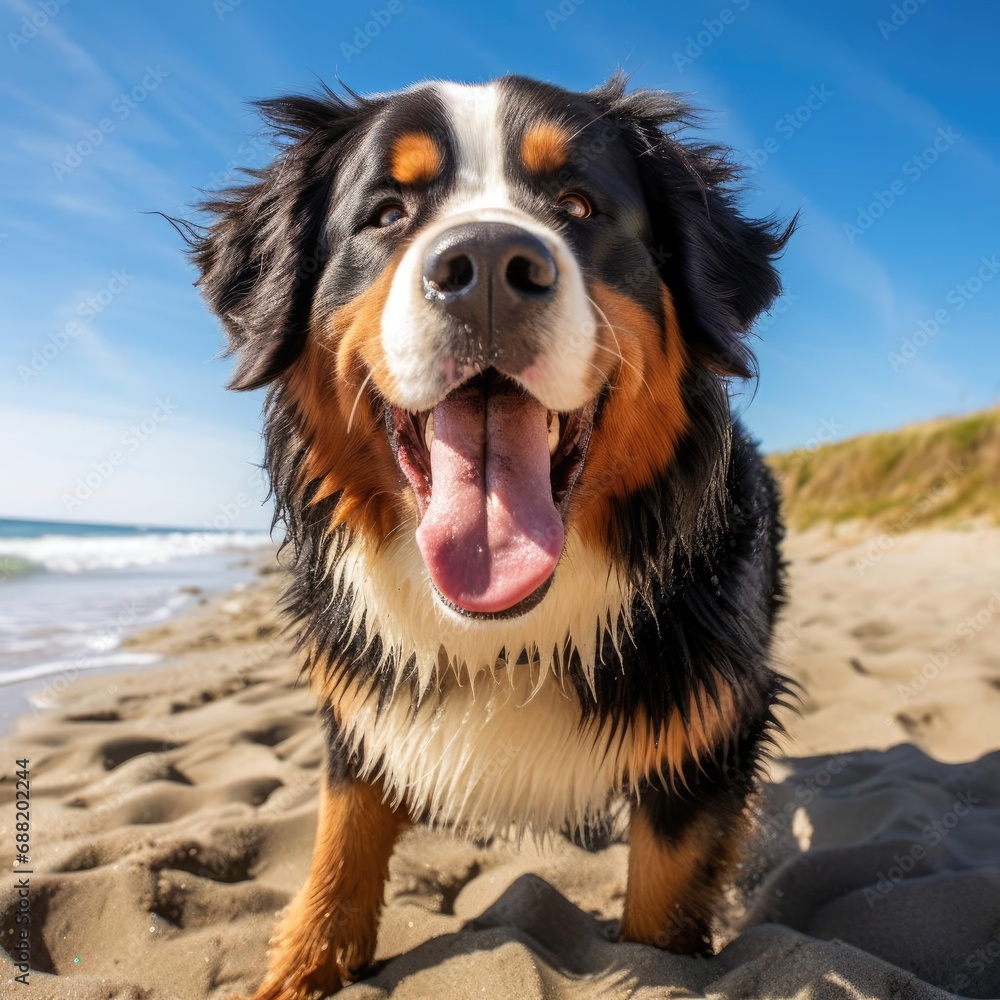 Bernese Mountain Dog Bliss on Sunlit Beach: A Photographer's Masterpiece