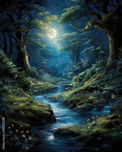 Moonlit Mystique: Mythical Forest Under Night's Spell © hisilly