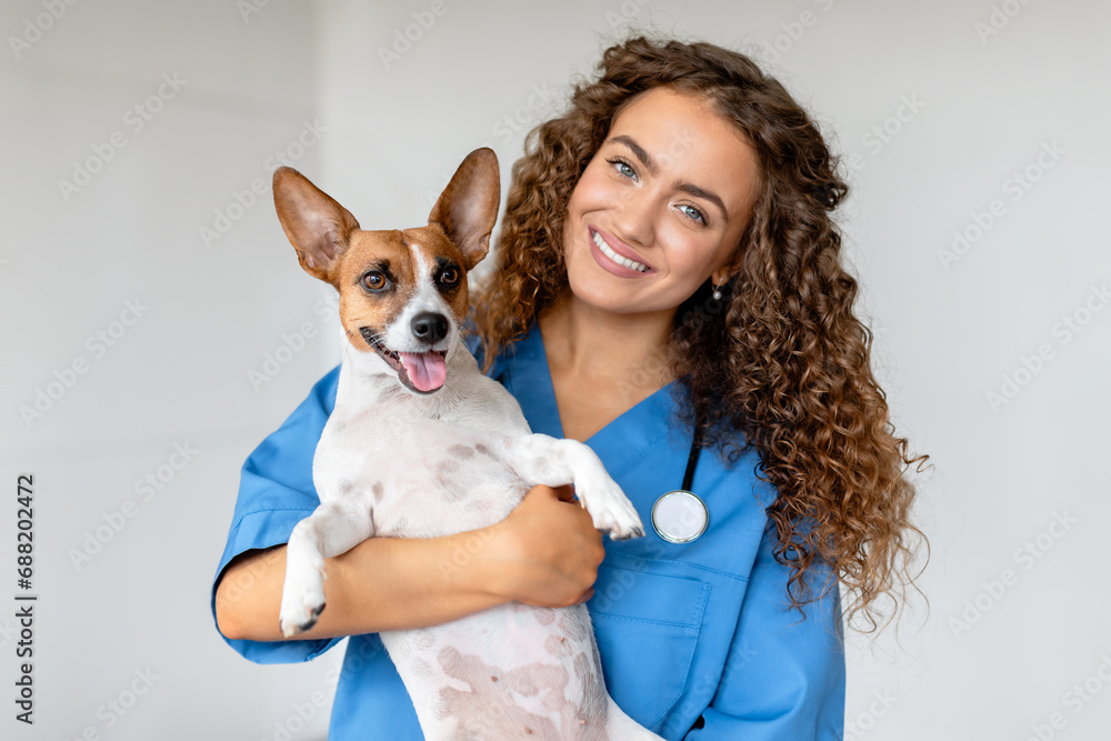 Happy vet holding terrier in clinic Happy vet holding terrier in clinic