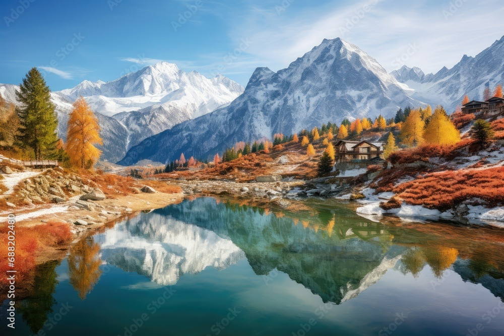 Autumn alpine landscape with lake and mountains reflection in water, Stunning winter landscape, A serene mountain lake mirroring the snow-capped peaks surrounding it.