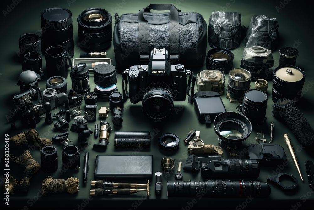 Fototapeta premium Photographer equipment on dark green background, Shallow depth of field, Photographer workplace with dslr camera system, Camera cleaning kit, Lens and camera accessory on table