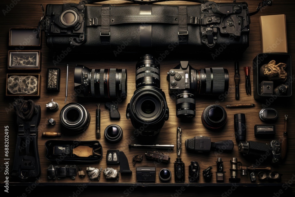 Photographer equipment on a wooden table, Vintage style toned picture, Professional Photography Equipment, Professional Photographer Work Kit, Photo Lenses, top view, copy space
