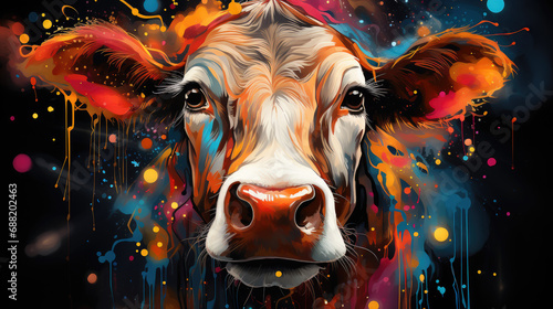 Colorful portrait of a cow. Generative AI