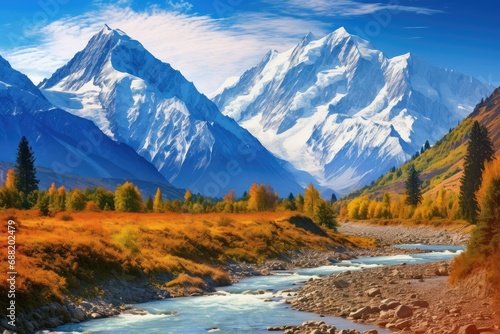 Mountain landscape with river and snow-capped peaks in autumn, wallpaper, Concept of mountainous beauty, Stunning winter autumn landscape, View of the snow-capped mountains