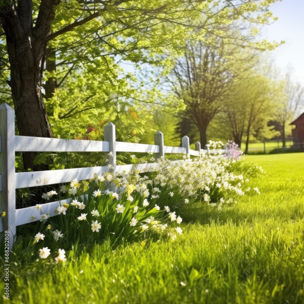 An idyllic spring garden scene with a wooden fence and green grass,