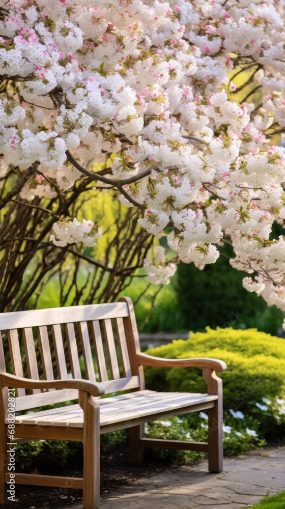 An inviting spring garden with a wooden bench and a blooming tree in the background, An inviting spring garden with a wooden bench and a blooming tree in the background,