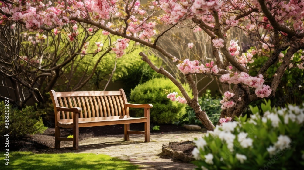 An inviting spring garden with a wooden bench and a blooming tree in the background, An inviting spring garden with a wooden bench and a blooming tree in the background,