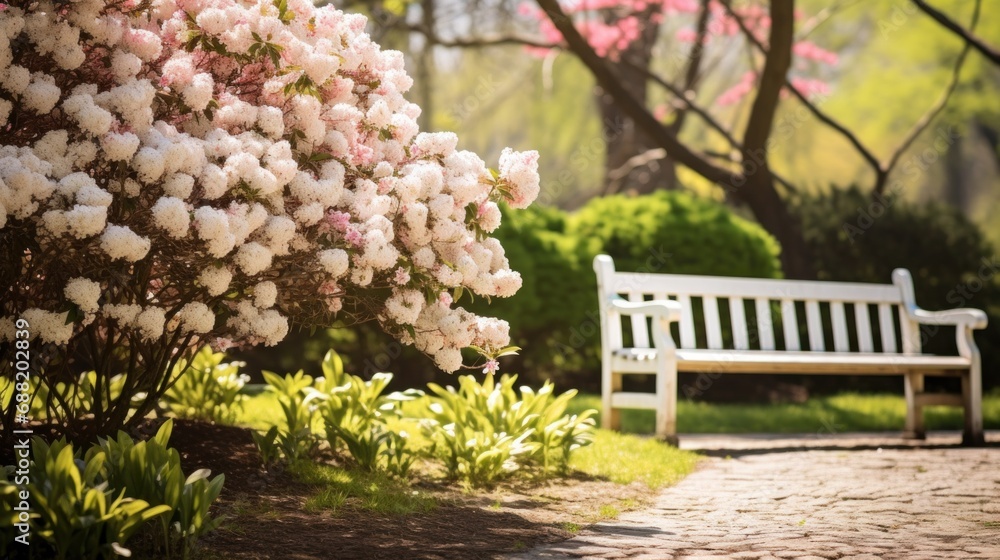 An inviting spring garden with a wooden bench and a blooming tree in the background, An inviting spring garden with a wooden bench and a blooming tree in the background,