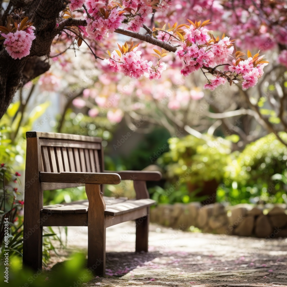 An inviting spring garden with a wooden bench and a blooming tree in the background, An inviting spring garden with a wooden bench and a blooming tree in the background,