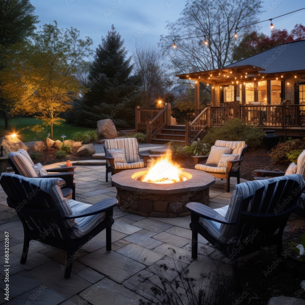 An outdoor patio with a fire pit and comfortable seating,