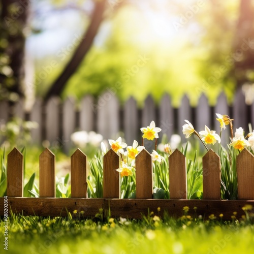 An idyllic spring garden scene with a wooden fence and green grass,