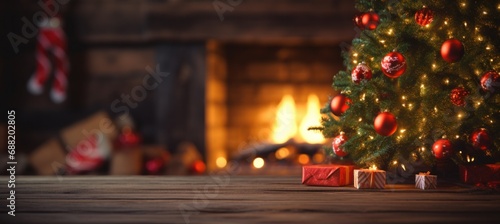 an image of the christmas tree on the wood table,