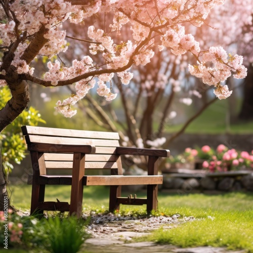 An inviting spring garden with a wooden bench and a blooming tree in the background 