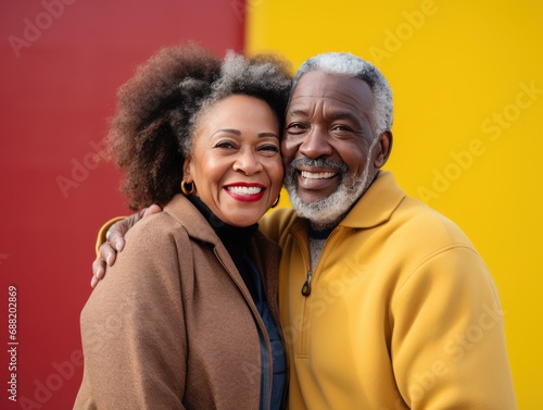 an older couple posing in front of a yellow background,